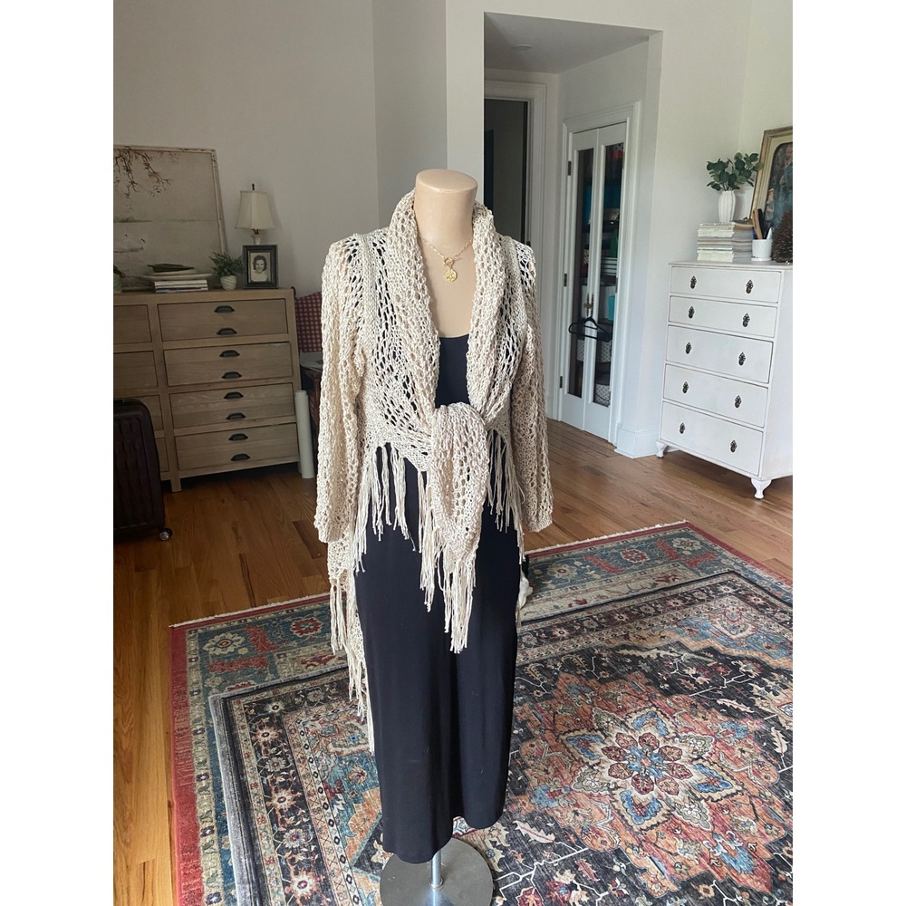 Saks 5th Ave Cream Open Fringe Shawl Collar Cardigan Bohemian Mesh Wrap Sweater
